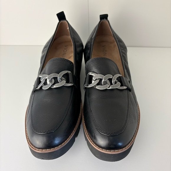 Vionic Shoes - Vionic Cynthia Black Leather Chain Slip On Loafers